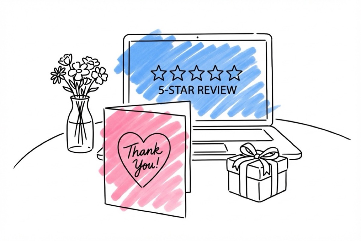 Skrivbordsscen med ett öppet handskrivet tackkort, en laptop som visar en femstjärnig recension, en liten inpackad present och blommor i Lovios illustrationsstil