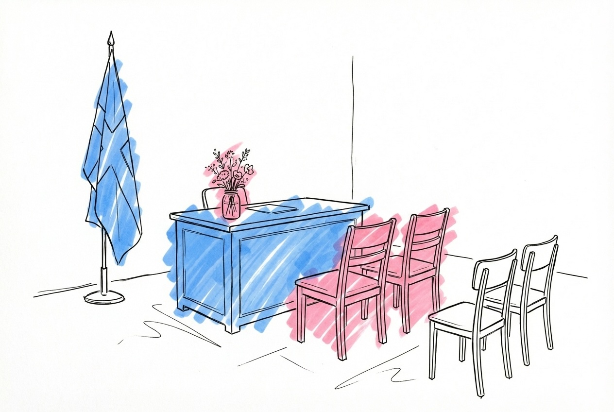 Ett enkelt ceremonium med ett skrivbord, två stolar för paret och ett par extra stolar för vittnen, en svensk flagga i hörnet, i Lovios rosa och blå illustrationsstil