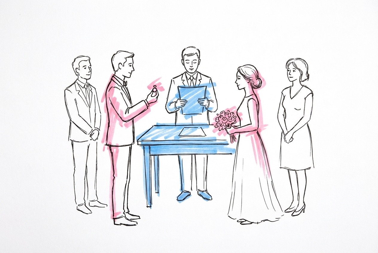Ett par som står framför en förrättare vid ett enkelt skrivbord och utbyter ringar, med två vittnen strax bakom, i Lovios rosa och blå illustrationsstil