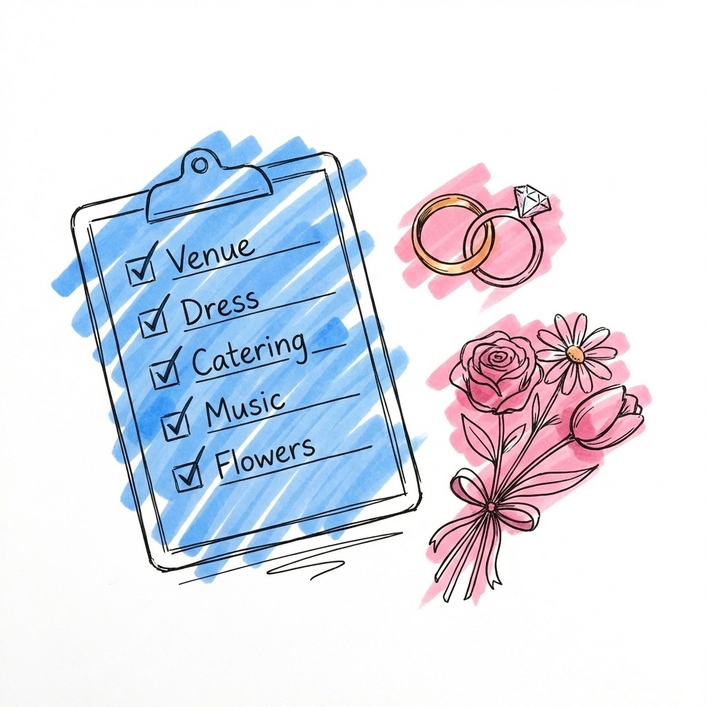 En checklista med bockar på ett clipboard med ringar och en liten blombukett bredvid, i Lovios rosa och blå illustrationsstil