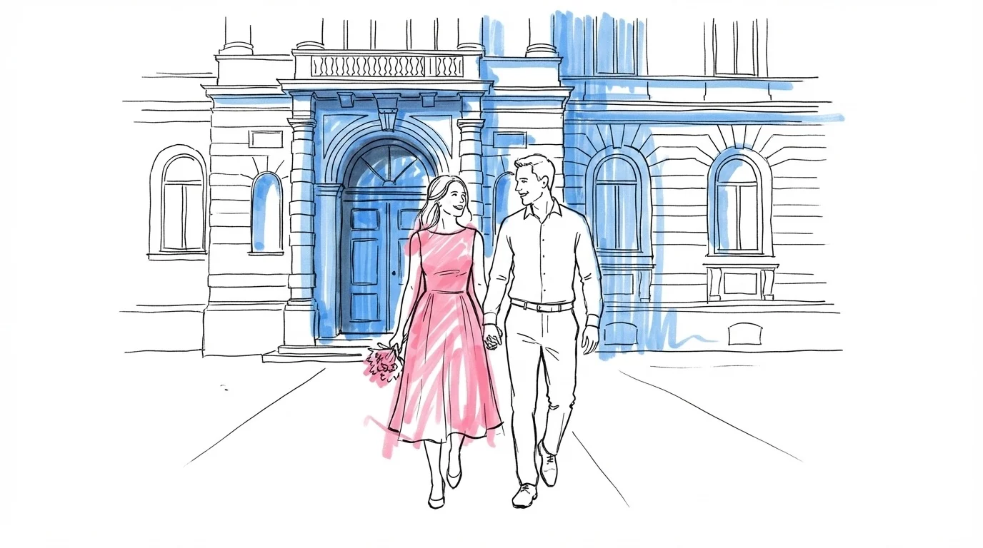 Drop-in vigsel: ett par som går hand i hand mot entrén till ett svenskt stadshus, avslappnade och leende, i Lovios rosa och blå illustrationsstil