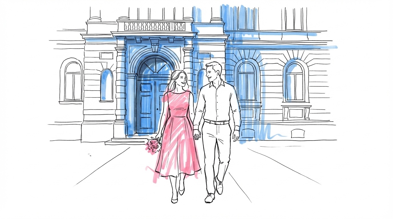 Drop-in vigsel: ett par som går hand i hand mot entrén till ett svenskt stadshus, avslappnade och leende, i Lovios rosa och blå illustrationsstil