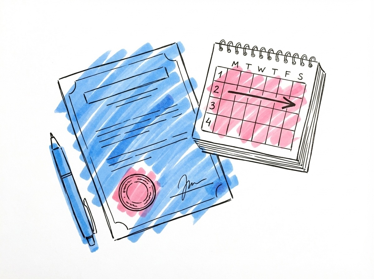 Ett officiellt dokument med stämpel bredvid en kalender med 4 veckor markerade och en penna, i Lovios rosa och blå illustrationsstil