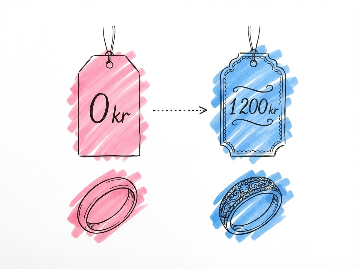 En liten prislapp som visar 0 kr bredvid en mer ornamenterad prislapp som visar 1 200 kr med en prickad linje emellan, i Lovios rosa och blå illustrationsstil