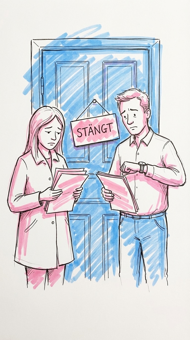 Ett par vid en stängd dörr med en Stängt-skylt, besvikna, med dokument i handen, i Lovios rosa och blå illustrationsstil