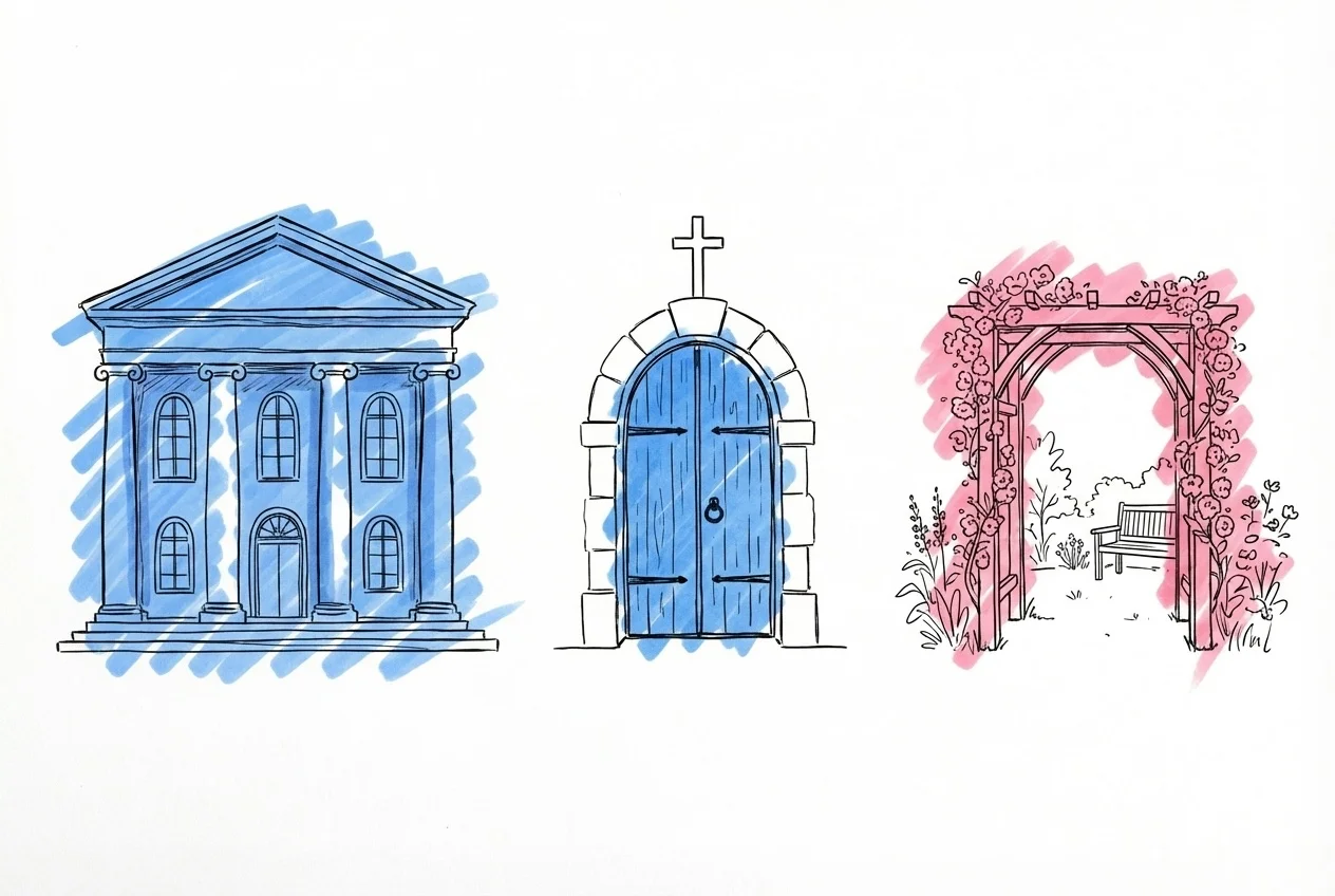 Tre vinjetter i rad: ett stadshus fasad, en enkel kyrkdörr och en utomhusträdgård med valvbåge, i Lovios rosa och blå illustrationsstil