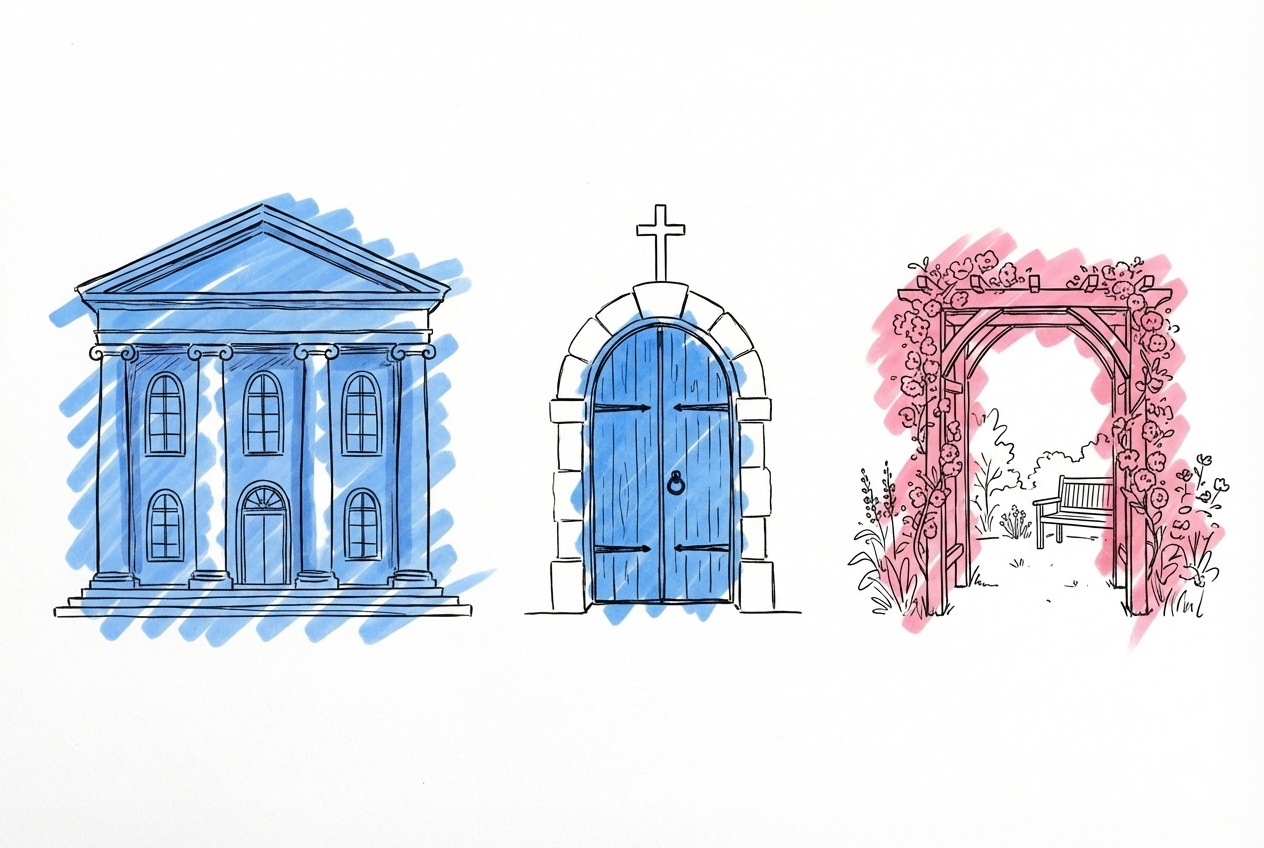 Tre vinjetter i rad: ett stadshus fasad, en enkel kyrkdörr och en utomhusträdgård med valvbåge, i Lovios rosa och blå illustrationsstil