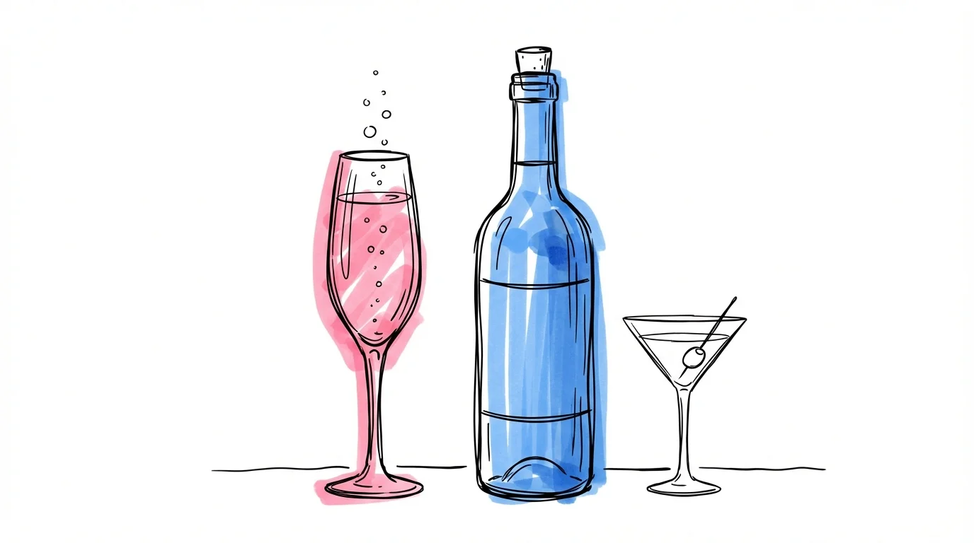 Dryckeskalkylator för bröllop – illustration av champagneglas, vinflaska och cocktailglas