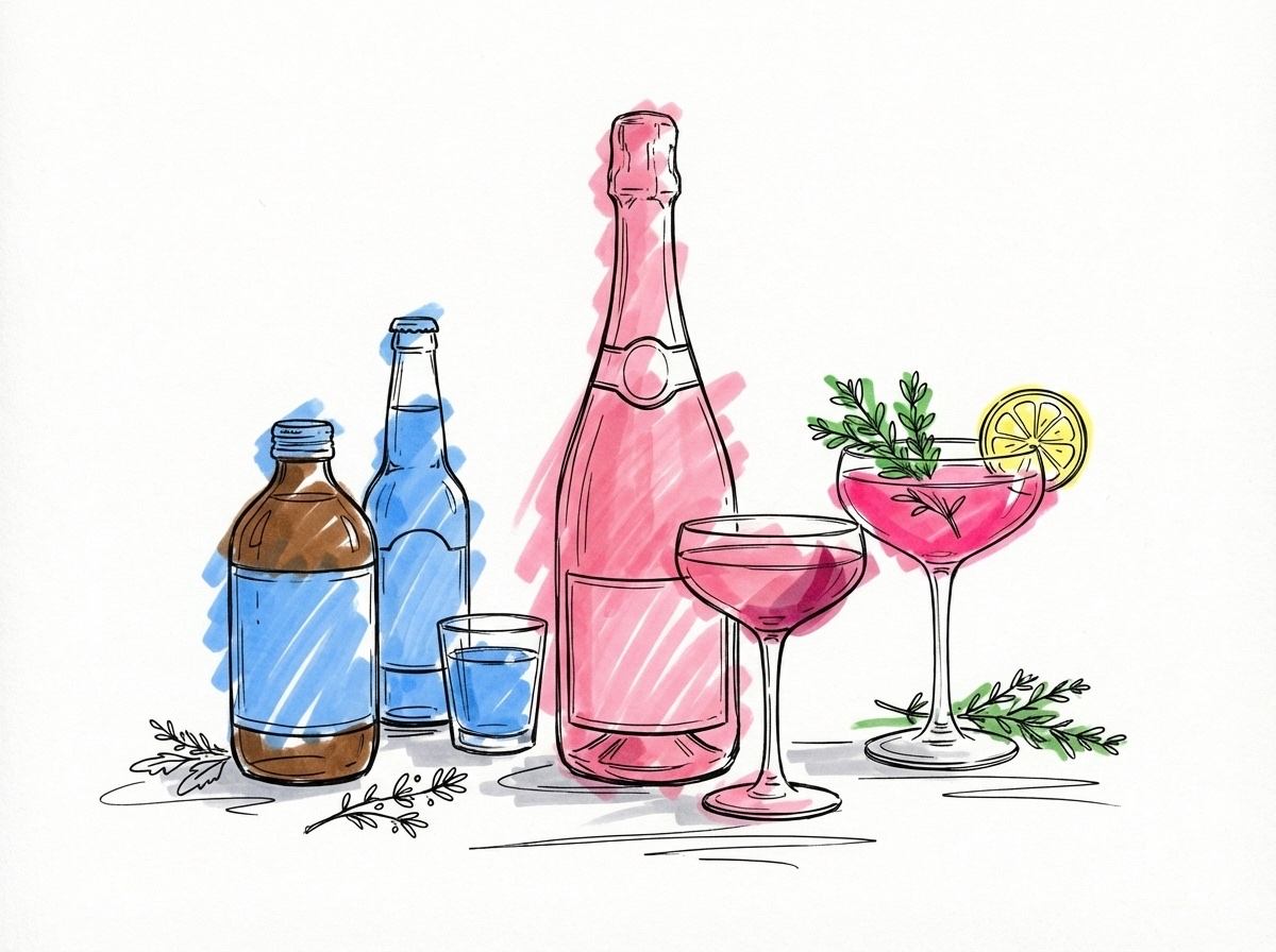 Elegant uppst{'\u00e4'}llning av alkoholfria drycker: alkoholfritt mousserande vin, craft-kombucha, mocktail i coupeglas och alkoholfri {'\u00f6'}l i Lovios stil