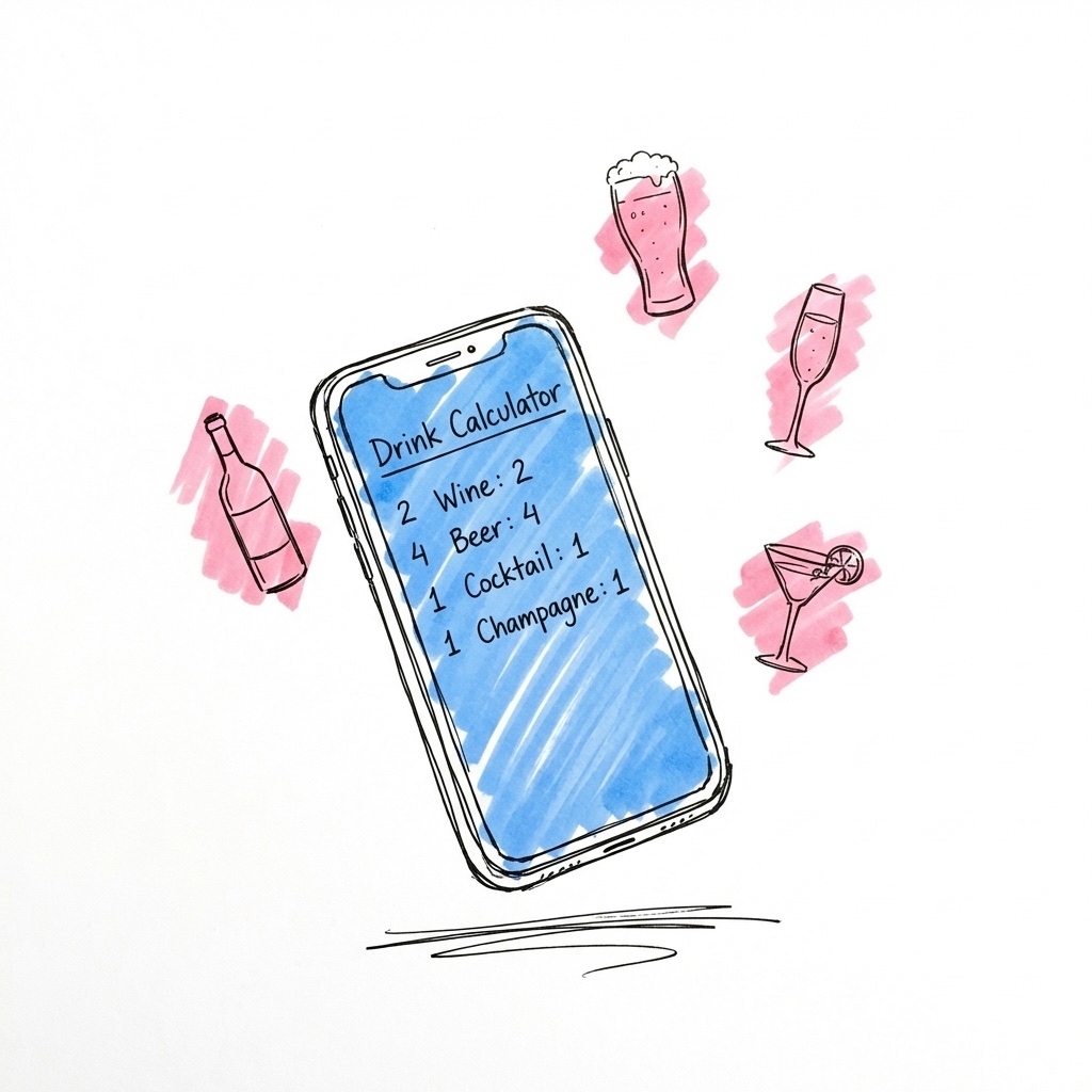 Telefon med dryckeslista och m{'\u00e4'}ngder omgiven av sm{'\u00e5'} drinkikoner i Lovios stil