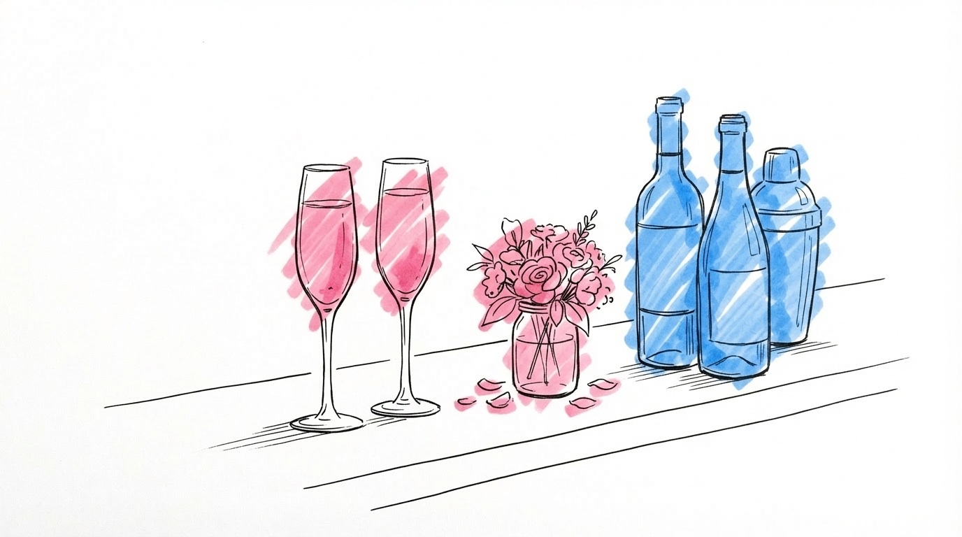 Elegant barscen med vinglas, champagnefl{'\u00f6'}jter, cocktailshaker och flaskor uppradade inf{'\u00f6'}r en br{'\u00f6'}llopsreception i Lovios rosa och bl{'\u00e5'} illustrationsstil