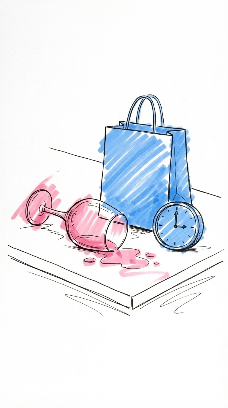 Tomt vinglas v{'\u00e4'}lt p{'\u00e5'} ett bord bredvid en st{'\u00e4'}ngd Systembolaget-p{'\u00e5'}se och en klocka som visar 15:00 i Lovios stil