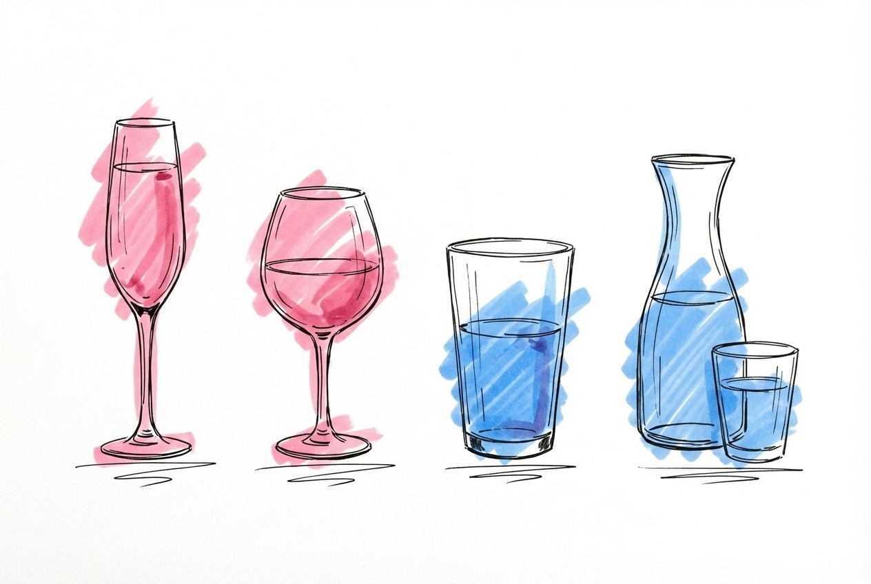 Fyra glas i rad som representerar kv{'\u00e4'}llens progression: champagnefl{'\u00f6'}jt, vinglas, {'\u00f6'}lglas och vattenkaraff i Lovios stil