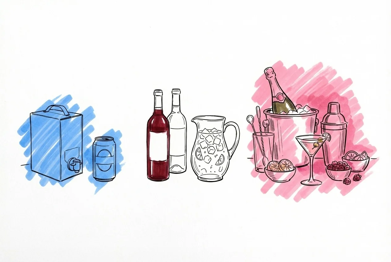 Tre drinkuppst{'\u00e4'}llningar i stigande elegans: enkel med box-vin, mellanniv{'\u00e5'} med flaskor och cocktailkanna, premium med champagne och cocktailbar i Lovios stil