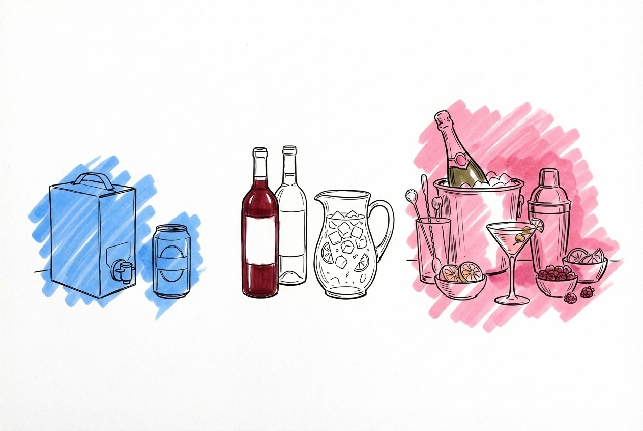 Tre drinkuppst{'\u00e4'}llningar i stigande elegans: enkel med box-vin, mellanniv{'\u00e5'} med flaskor och cocktailkanna, premium med champagne och cocktailbar i Lovios stil