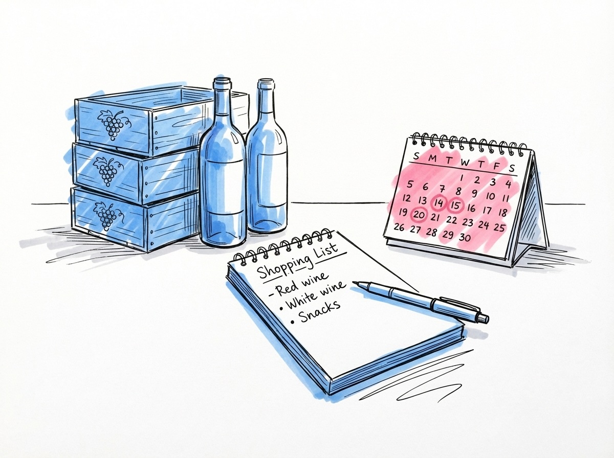 Ink{'\u00f6'}pslista bredvid staplade vinboxar och flaskor med kalender med inringade datum i Lovios stil