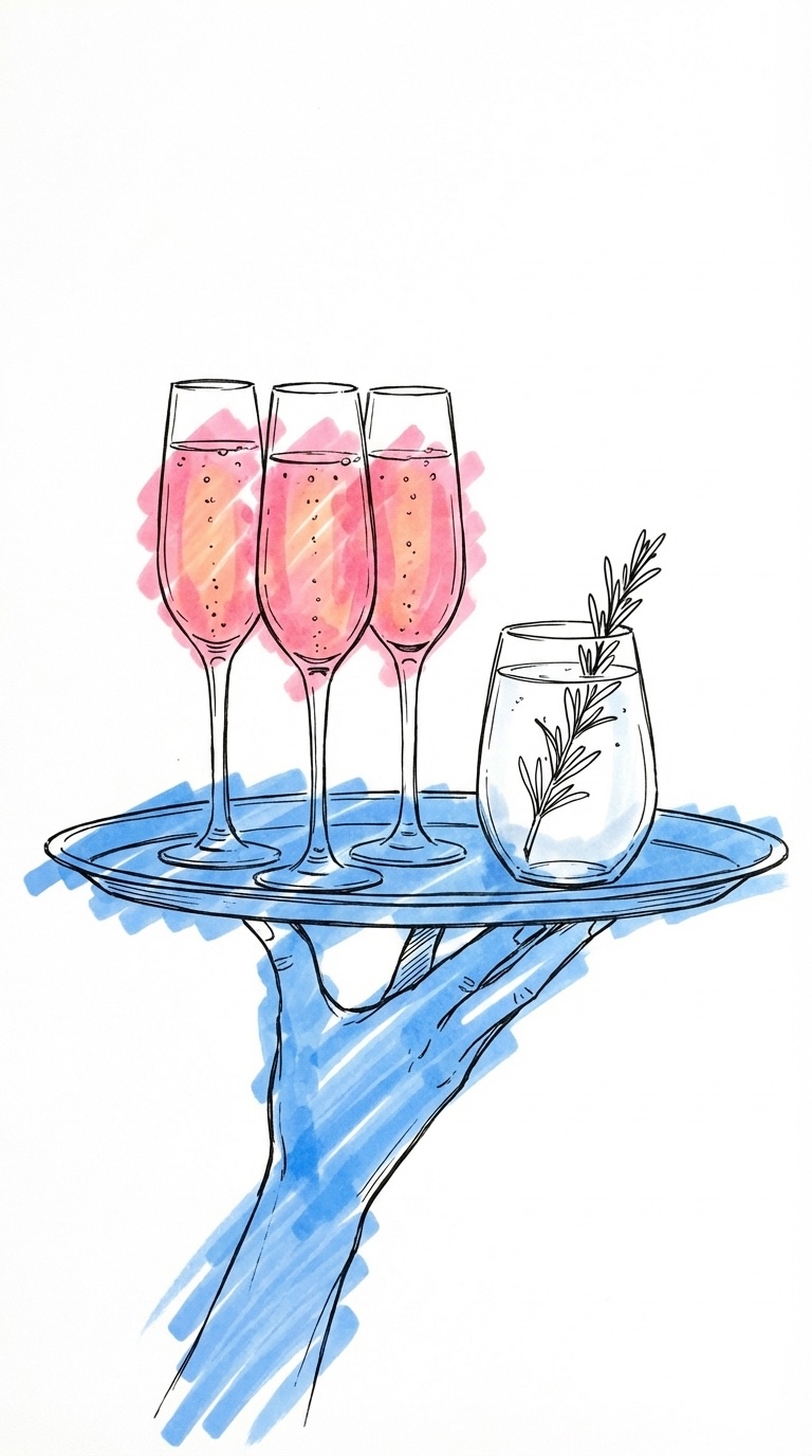 Bricka med eleganta v{'\u00e4'}lkomstdrinkar i champagnefl{'\u00f6'}jter och mocktailglas med rosmarin i Lovios stil