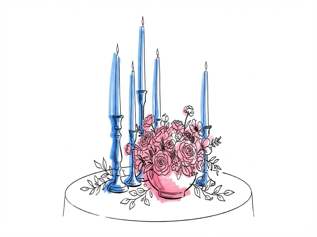 Frodigt centerpiece-arrangemang med blandade ljushöjder, låg vas med säsongsblommor och grönska — bordsdekoration bröllop