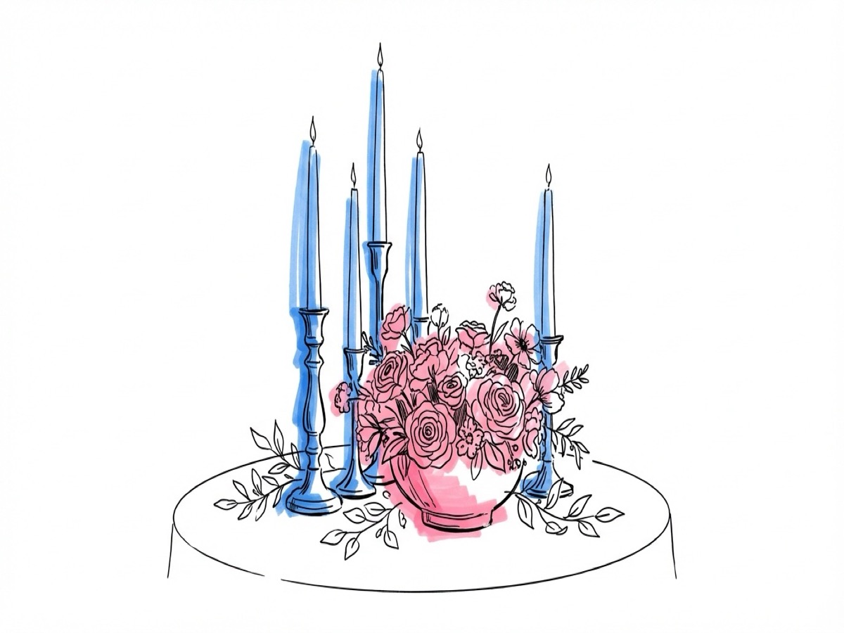 Frodigt centerpiece-arrangemang med blandade ljushöjder, låg vas med säsongsblommor och grönska — bordsdekoration bröllop