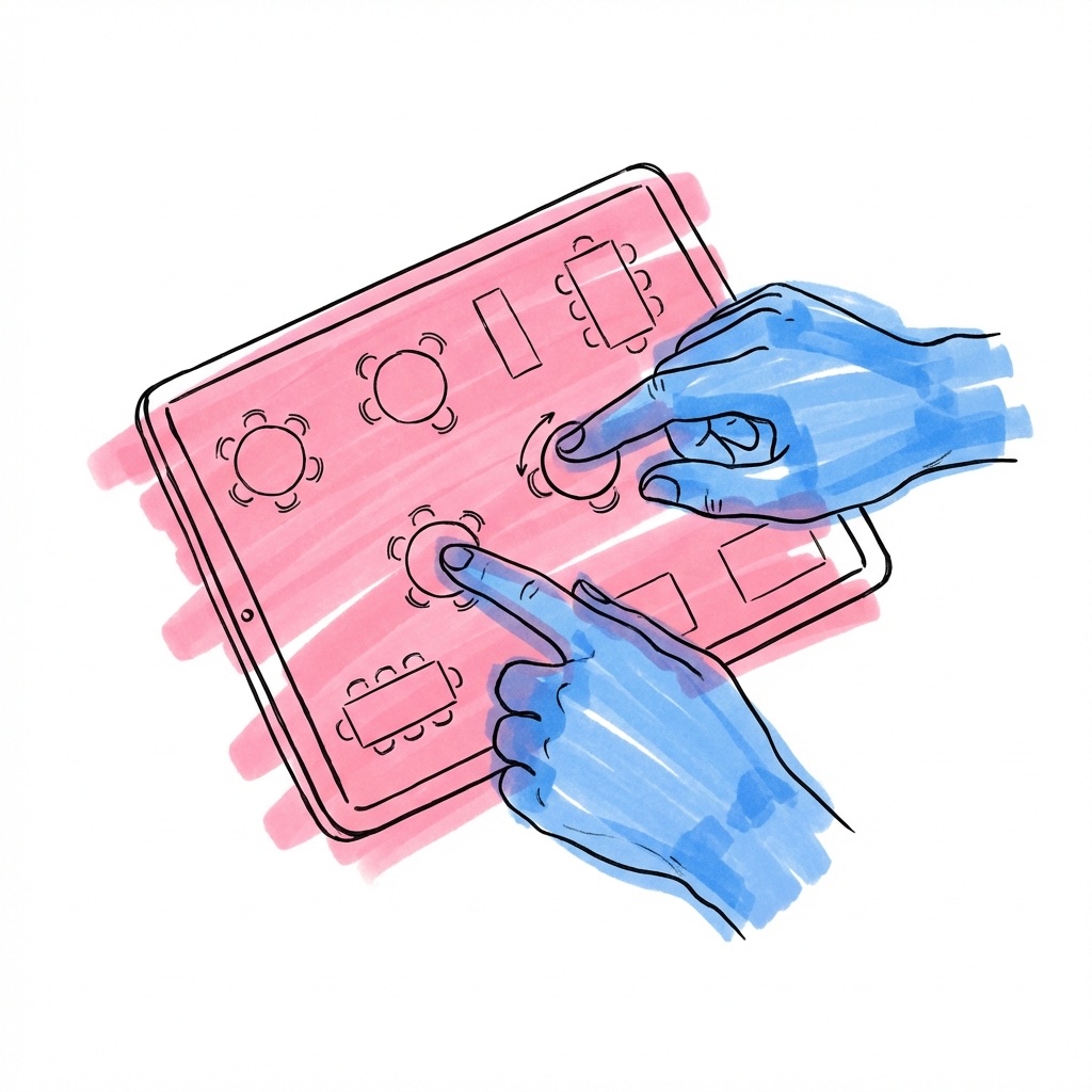 Pars händer som interagerar med en surfplatta som visar en digital bordsplan — Lovio planeringsverktyg