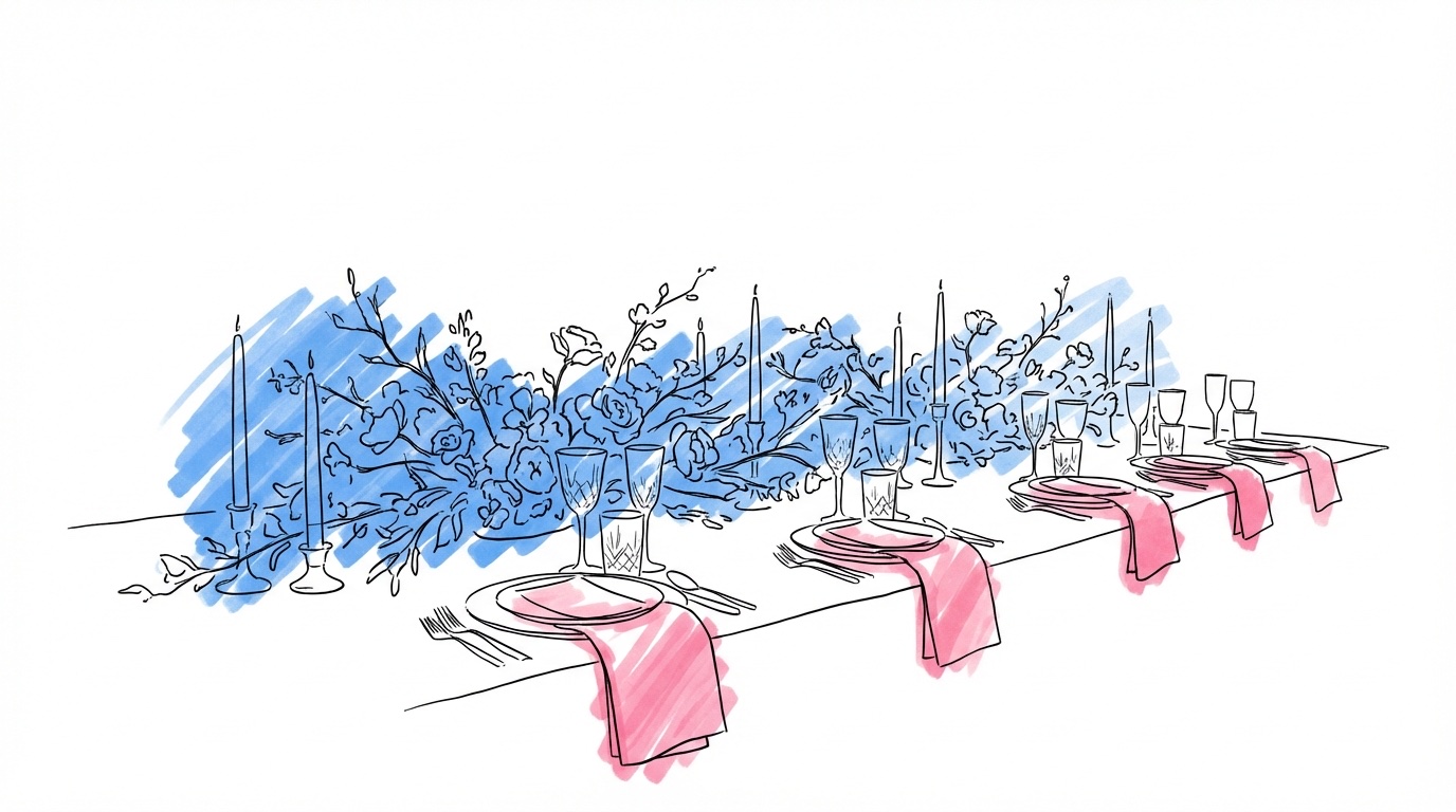 Elegant dukat bröllopsbord med tallrikar, glas, vikta servetter, ljus och blomsterarrangemang — bröllopsdukning