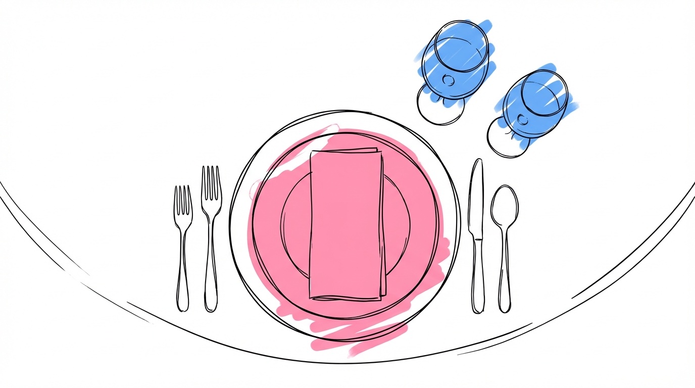 Exploderad vy av en enskild kuvertsuppsättning — duk, undertallrik, tallrik, bestick, glas och servett