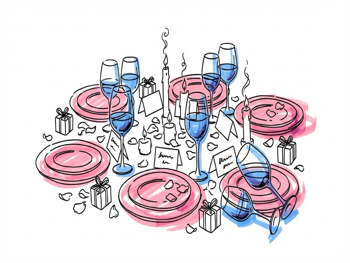 Överfullt bröllopsbord med för många föremål trängda på en liten yta — vanliga dukningsmisstag