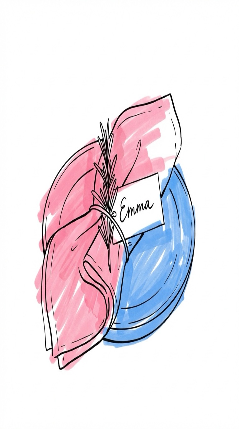 Närbild på en vackert vikt linneservett på en tallrik, med en kvist rosmarin och ett namnkort — bröllopsservetter