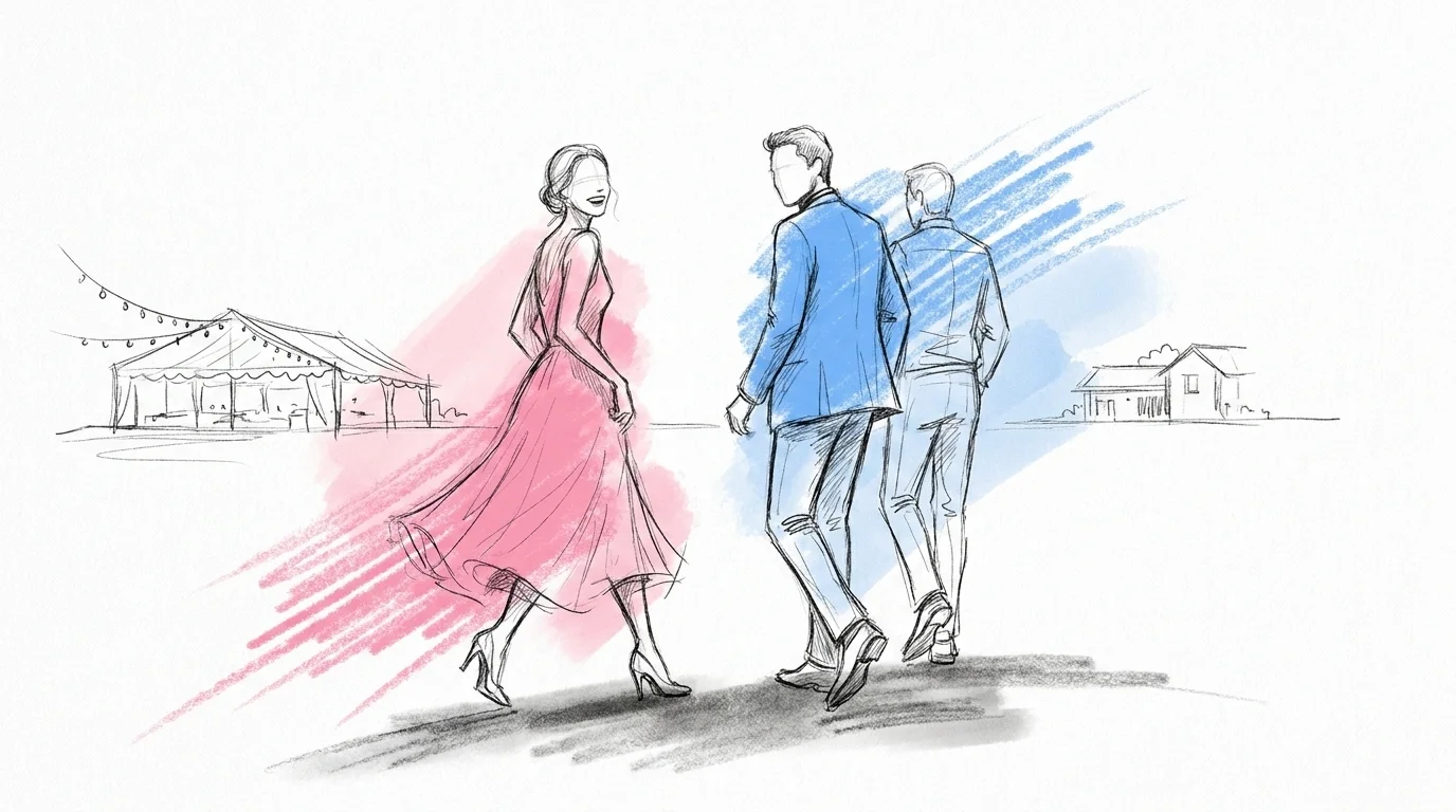 Bröllopsgäster på väg från middagstältet mot en mindre efterfest sent på kvällen, i Lovios illustrationsstil