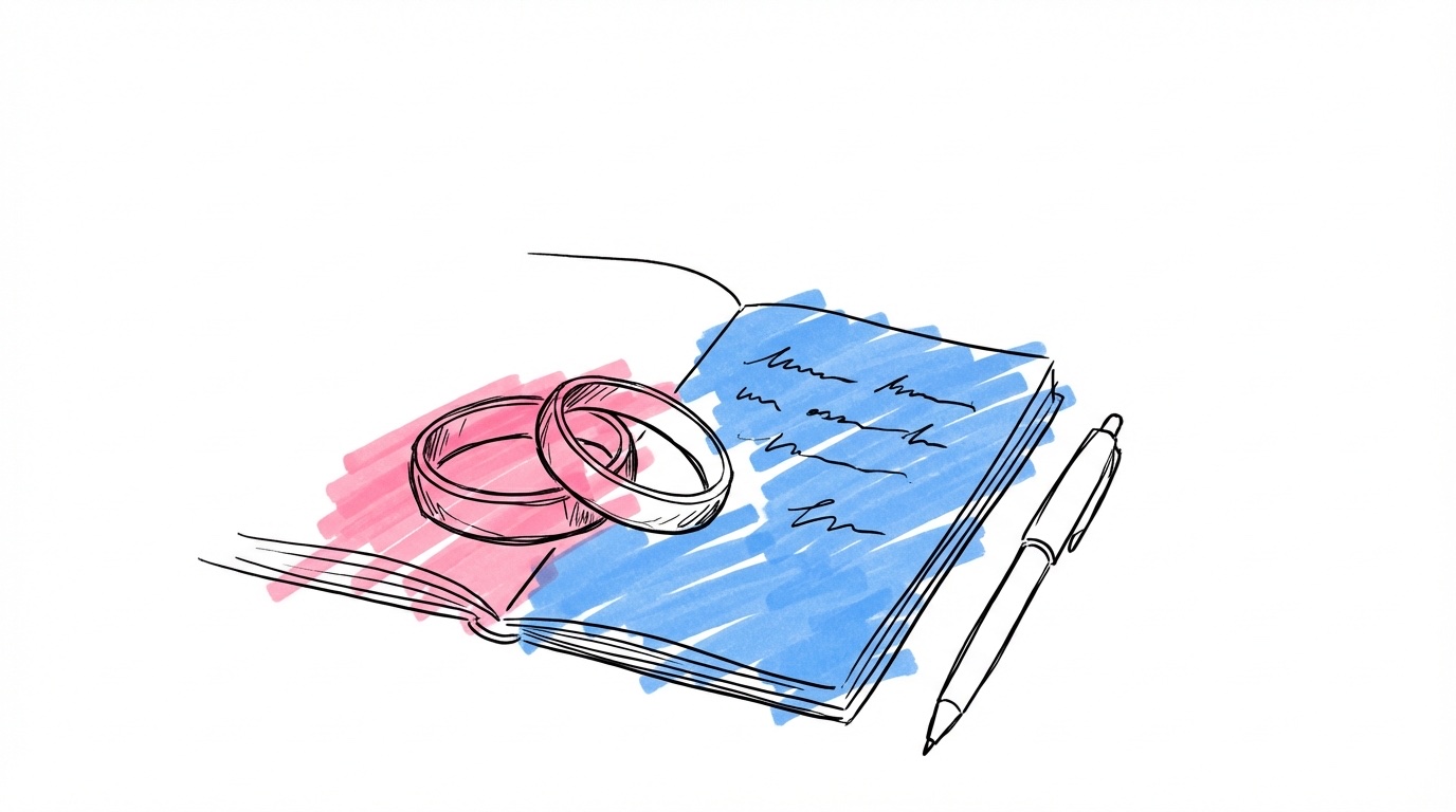 Två vigselringar på en öppen anteckningsbok — intimt och personligt