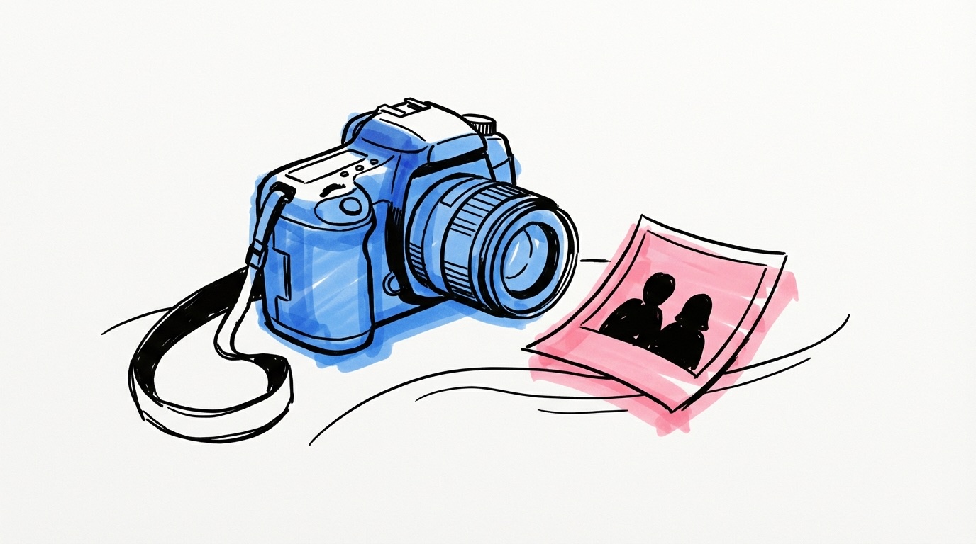 Kamera och utskrivet foto av ett par — elopement-fotograf