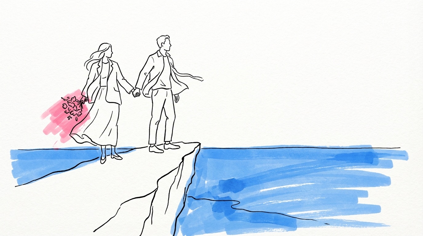 Elopement bröllop — par på en klippa vid havet, ensamma i ett vidsträckt landskap