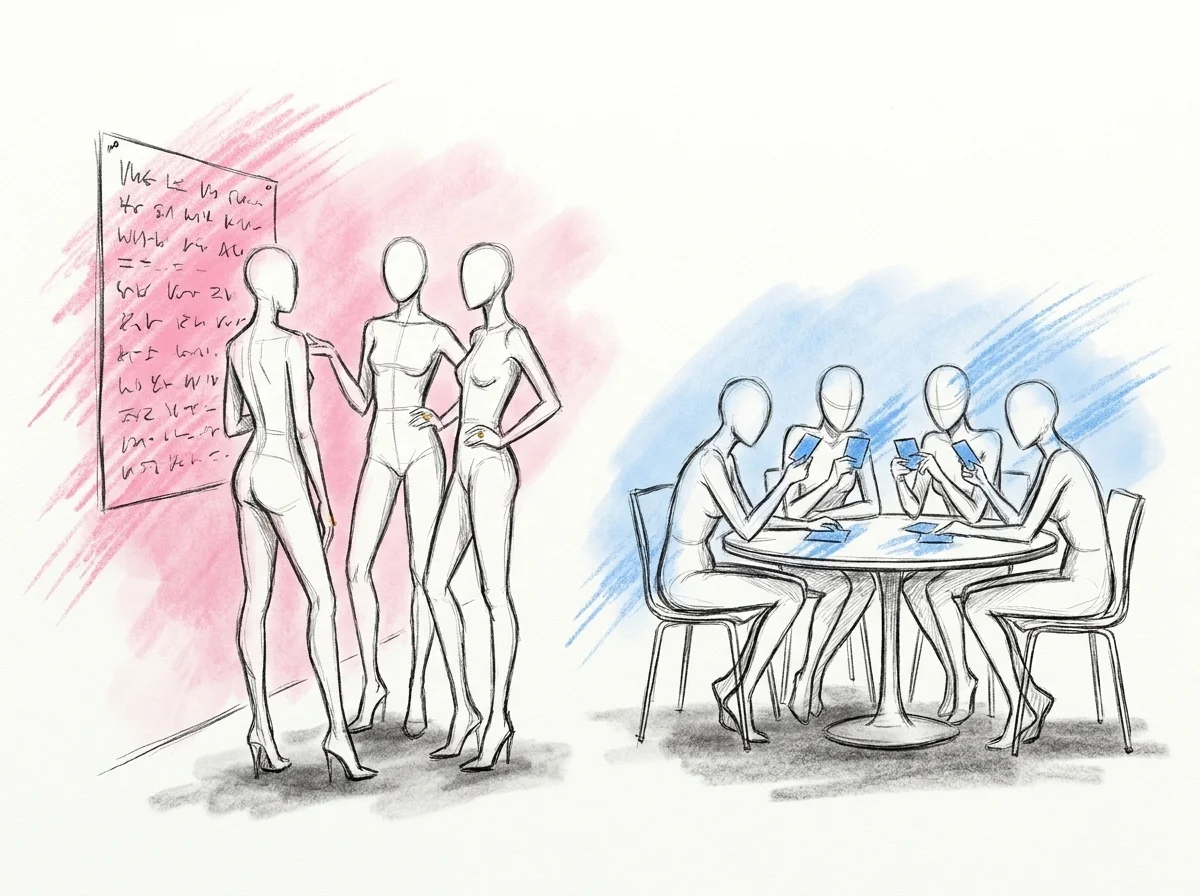 En bredare rumsvy som visar en klunga gäster som minglar vid en gåteaffisch på väggen medan en annan grupp sitter vid ett bord och jämför svar, båda formaten samtidigt, i Lovios rosa och blå illustrationsstil
