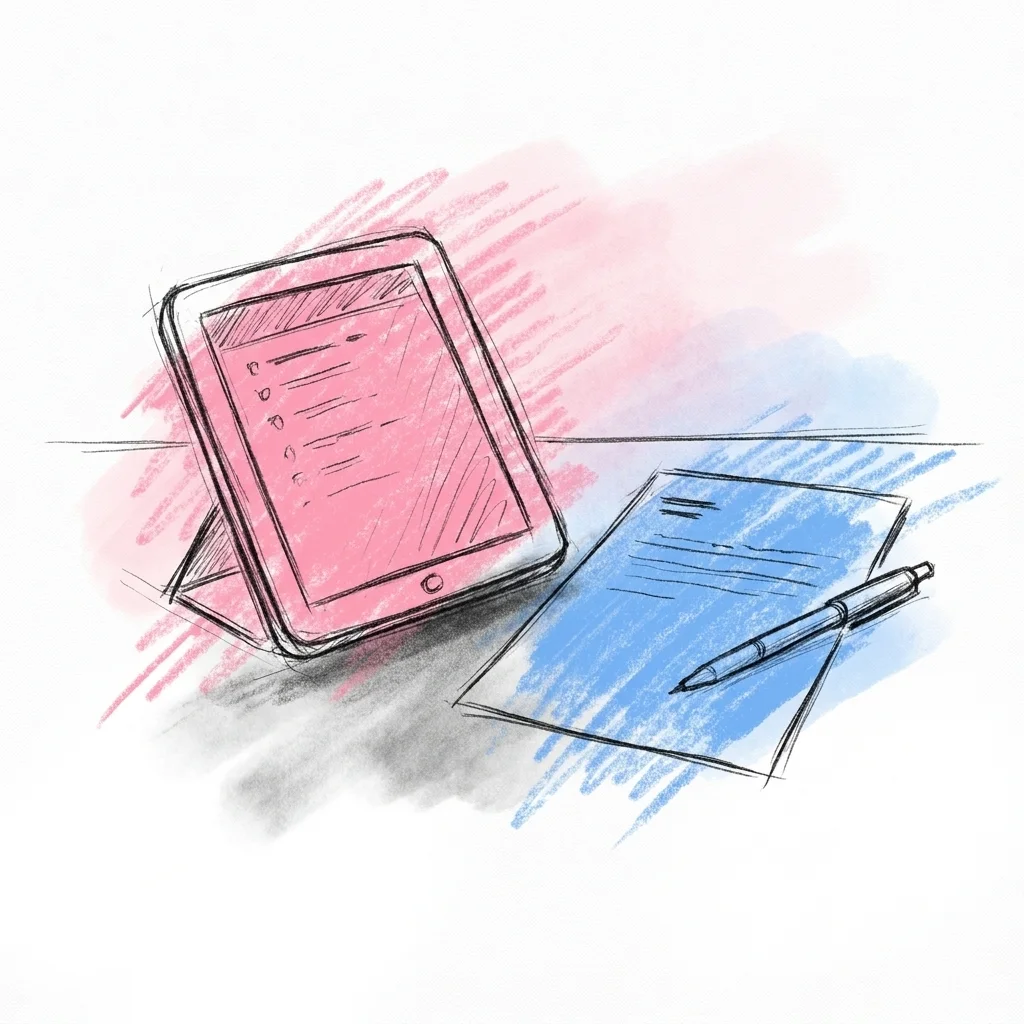 En telefon eller surfplatta öppen på ett enkelt dokument med korta numrerade gåtrader, bredvid ett utskrivet papper och en penna som ligger på bordet, i Lovios rosa och blå illustrationsstil