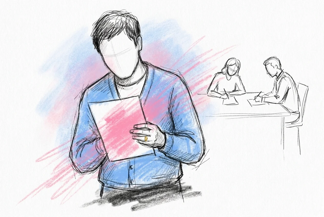 En värd håller ett separat svarsblad tätt intill bröstet och tittar diskret på det, medan gäster i bakgrunden är helt uppslukade av sina egna gåtekort, ovetande, i Lovios rosa och blå illustrationsstil