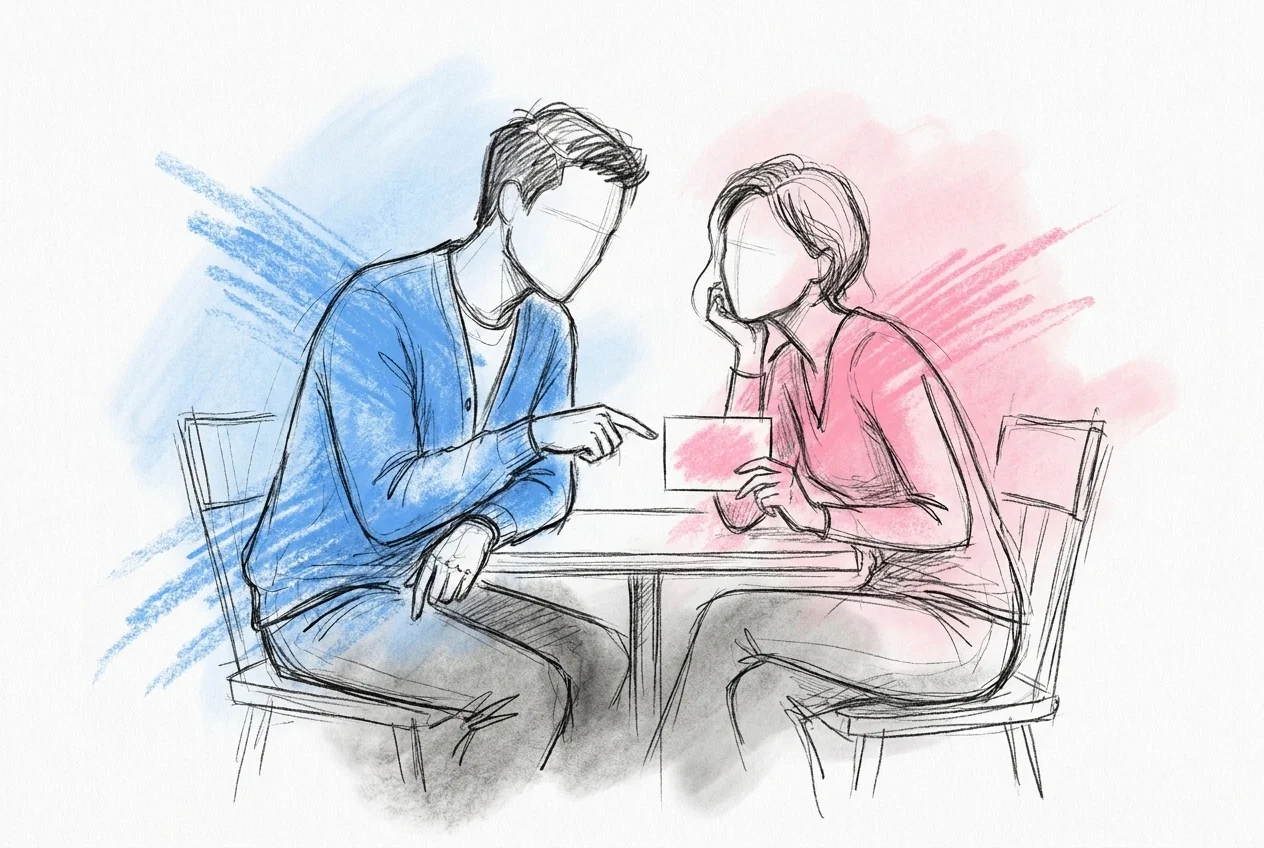 Två gäster vid bordet ler varmt mot varandra medan en av dem pekar på ett gåtekort, en mjuk och kärleksfull stämning mellan dem, i Lovios rosa och blå illustrationsstil