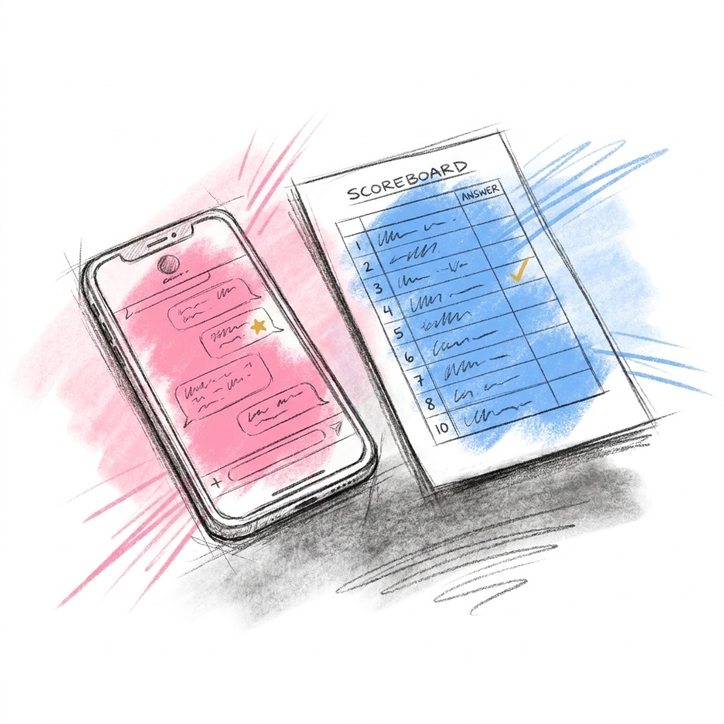 En telefon och ett printat poängtavleblad sida vid sida på ett bord, telefonen visar en kort textkonversation, pappersarket visar en numrerad svarslista, prydlig och redo-att-använda känsla, i Lovios rosa och blå illustrationsstil