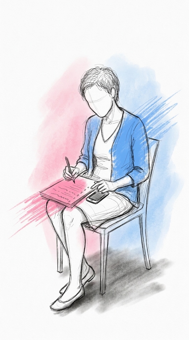 En gäst hemma fyller i en kort enkät på mobilen eller ett anteckningsblock, eftertänksam min, en penna som knackar mot en lista med numrerade frågor, i Lovios rosa och blå illustrationsstil