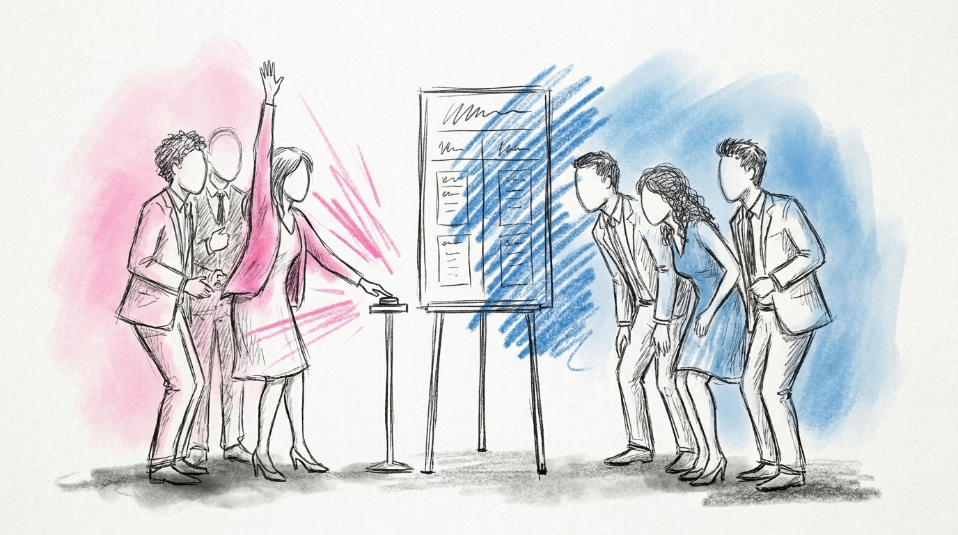 Två små lag av bröllopsgäster möts framför en hög poängtavla på en fest, en gäst mitt i en snabb handuppräckning för att buzza in, alla lutar sig fram med tävlingssug och energi, i Lovios rosa och blå illustrationsstil