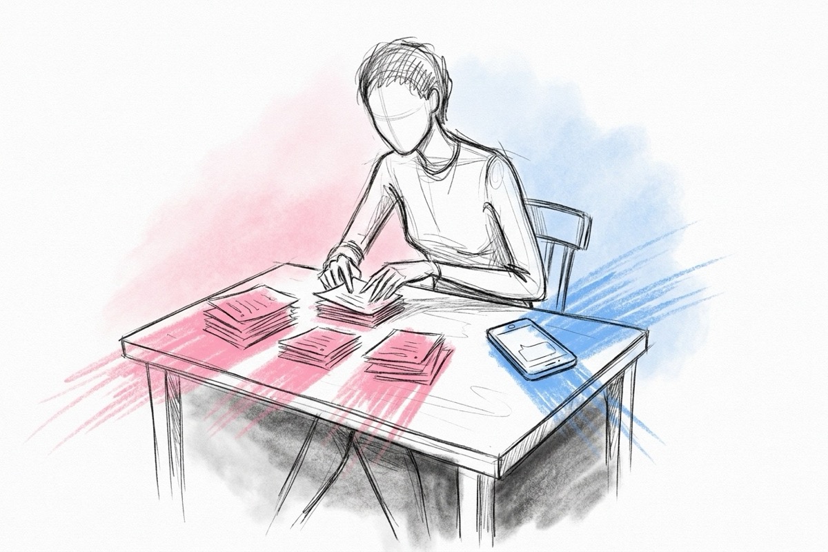Någon vid ett bord sorterar en trave enkätsvar i små högar efter popularitet, en telefon bredvid visar ett skickat textmeddelande, fokuserad och organiserad stämning, i Lovios rosa och blå illustrationsstil