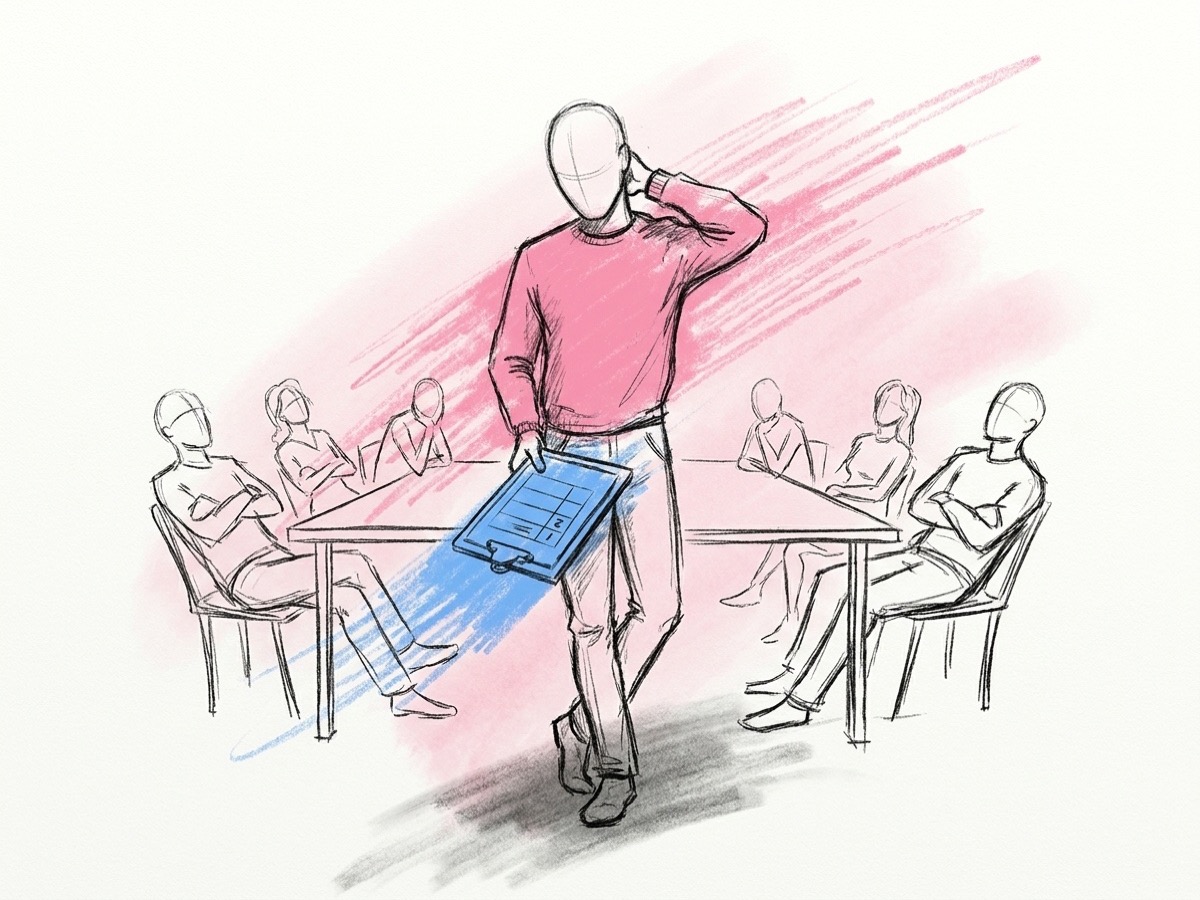 En lätt bekymrad värd tittar på en nästan tom poängtavla med bara ett par ifyllda rutor, gästerna runt bordet ser lite otåliga ut, i Lovios rosa och blå illustrationsstil