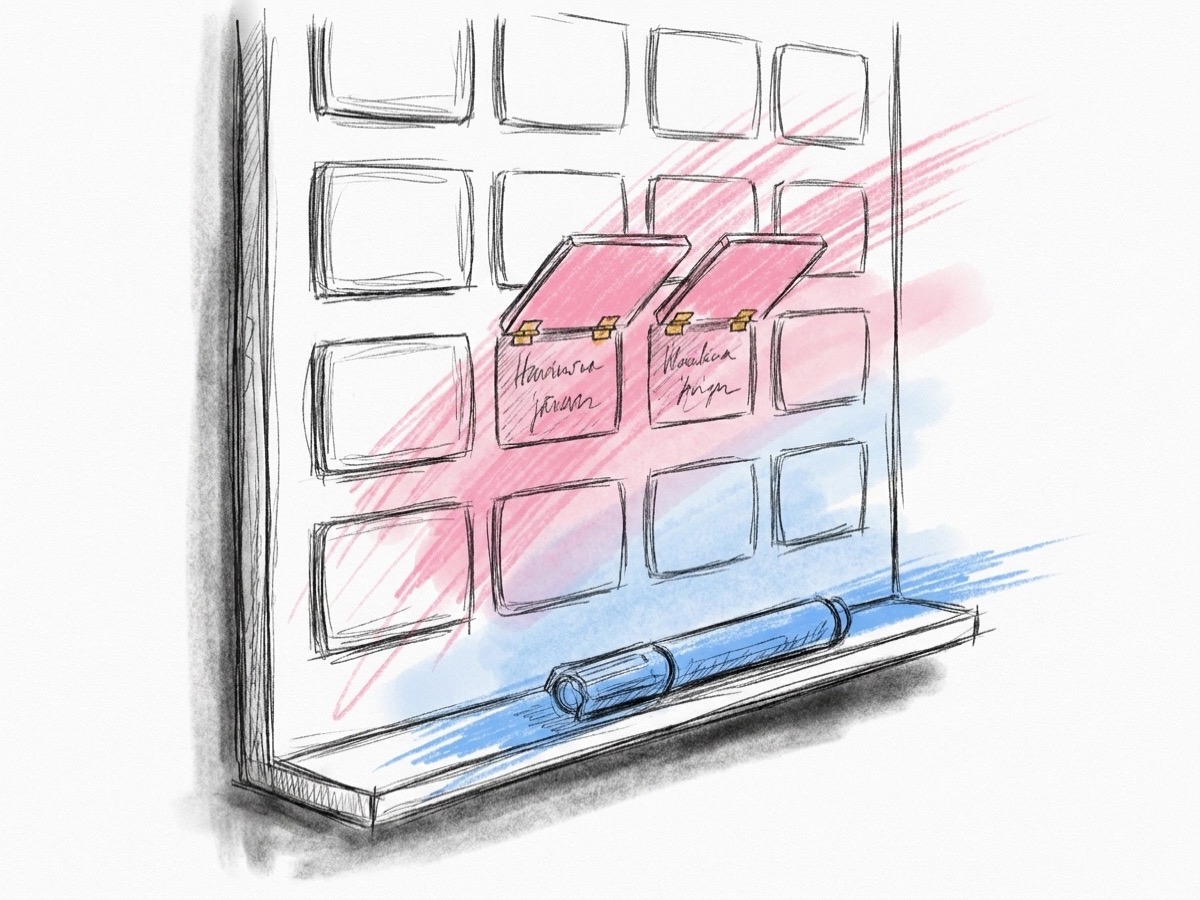 Närbild på en whiteboard eller printad poängtavla med numrerade svarsrutor, ett par rutor uppfällda för att visa ett nedskrivet svar, en tuschpenna liggande intill, i Lovios rosa och blå illustrationsstil