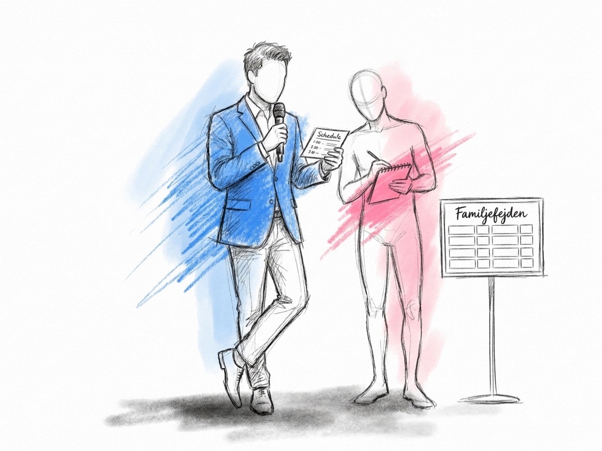 En toastmaster står med en mikrofon bredvid poängtavlan och kikar på ett printat schemakort, en andra gäst bredvid håller koll på poängen i ett anteckningsblock, i Lovios rosa och blå illustrationsstil