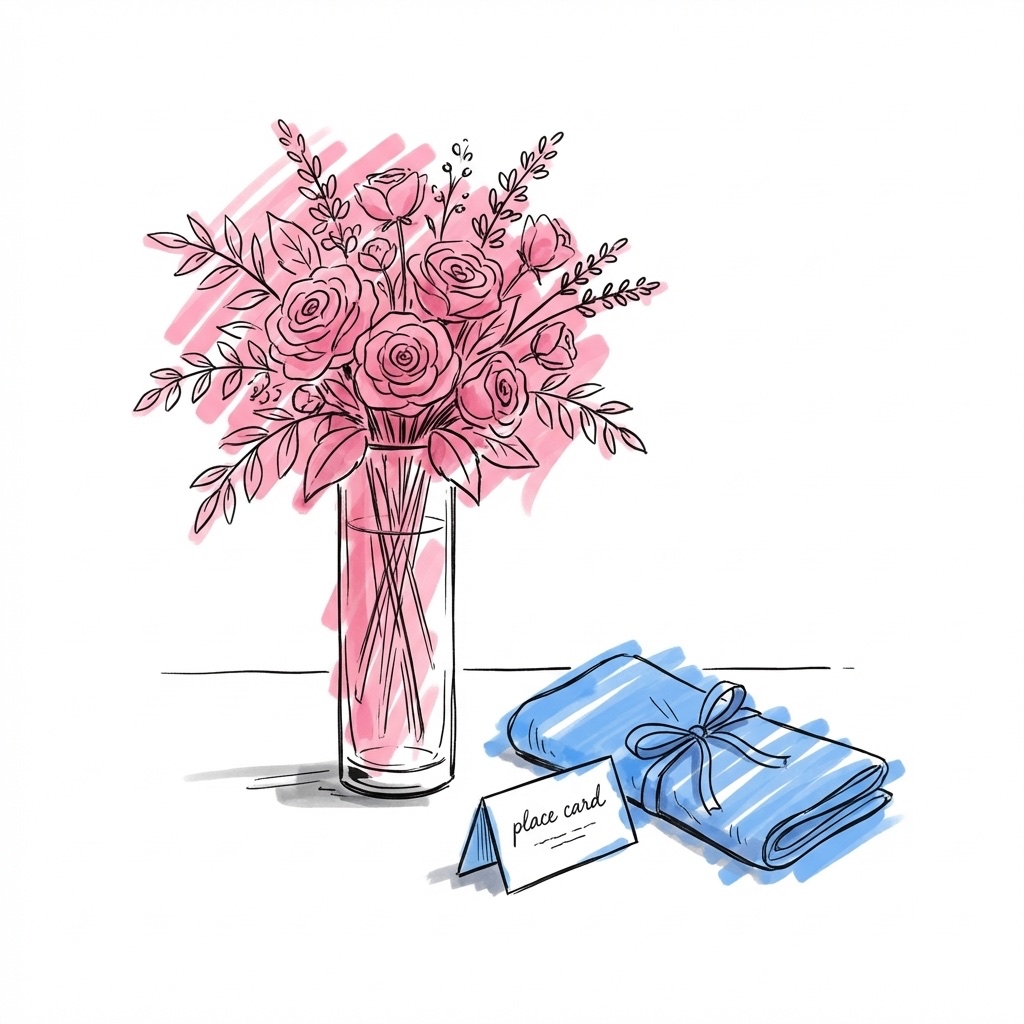 En elegant blomsterarrangemang i en vas bredvid en vikt servett med band och ett litet utskrivet placeringskort, i Lovios rosa och blå illustrationsstil