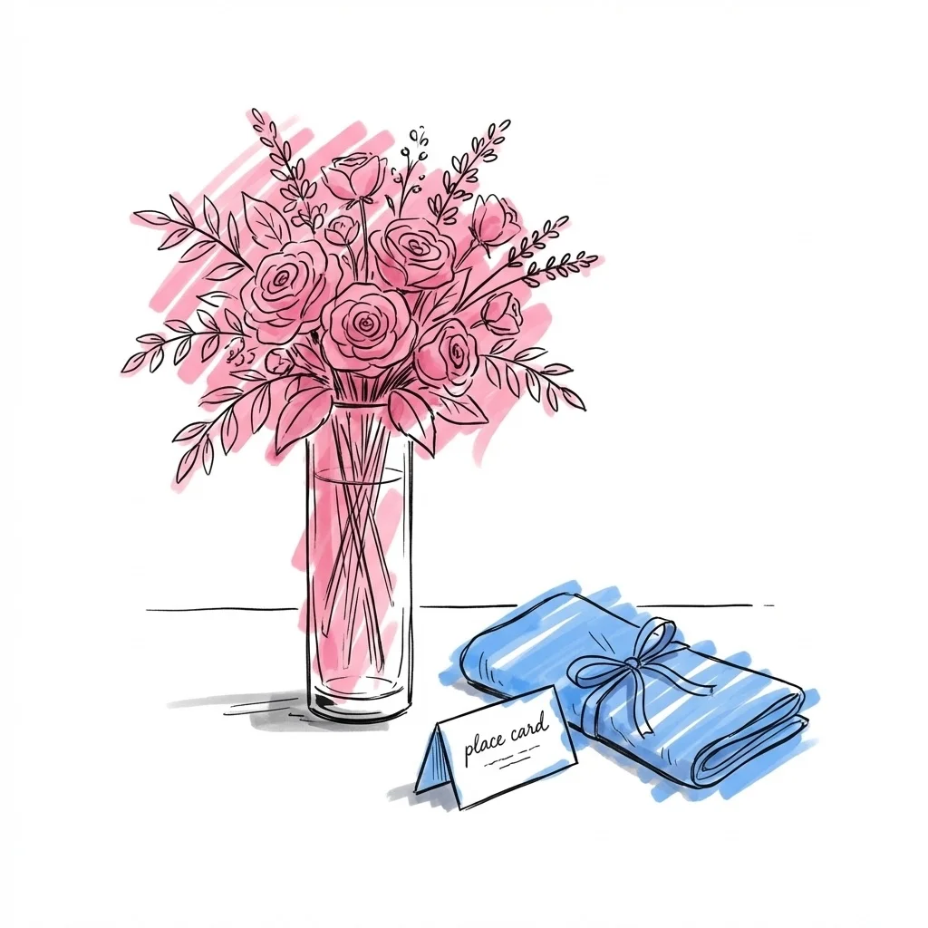En elegant blomsterarrangemang i en vas bredvid en vikt servett med band och ett litet utskrivet placeringskort, i Lovios rosa och blå illustrationsstil
