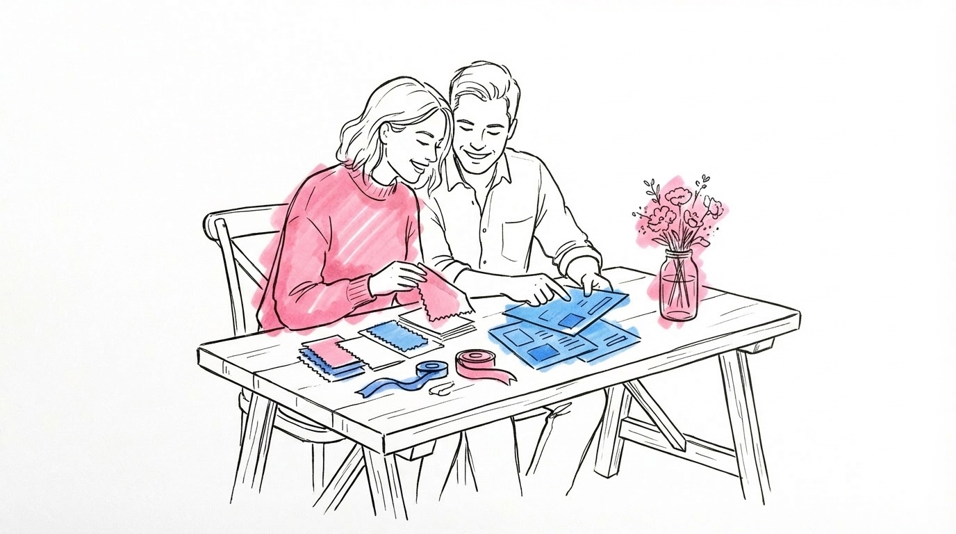 Ett par vid ett bord med utlagda tygprover, band och moodboard-kort som tillsammans diskuterar färgpalett, i Lovios rosa och blå illustrationsstil