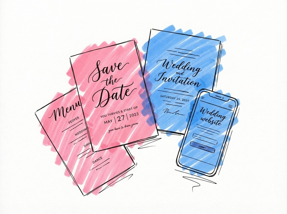 En flat-lay med lager av save-the-date-kort, formell inbjudan, menykort och en telefon som visar en bröllopshemsida, arrangerade som en sammanhängande uppsättning, i Lovios rosa och blå illustrationsstil