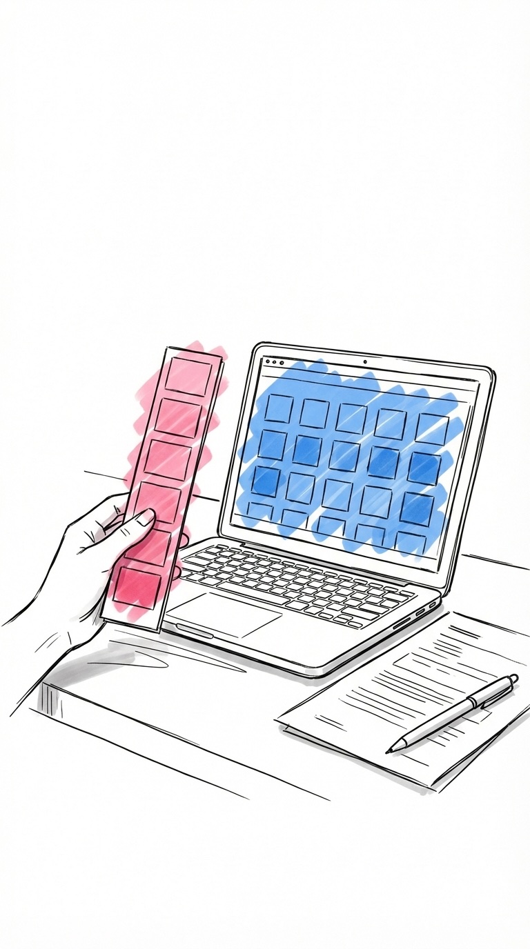 En hand som håller en färgpalettkarta bredvid en laptopskärm som visar ett färgrutnät, med ett utskrivet dokument och en penna på skrivbordet, i Lovios rosa och blå illustrationsstil