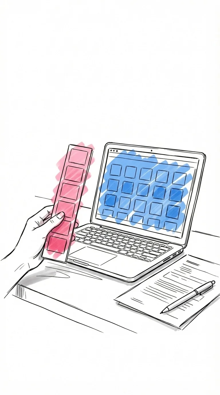 En hand som håller en färgpalettkarta bredvid en laptopskärm som visar ett färgrutnät, med ett utskrivet dokument och en penna på skrivbordet, i Lovios rosa och blå illustrationsstil