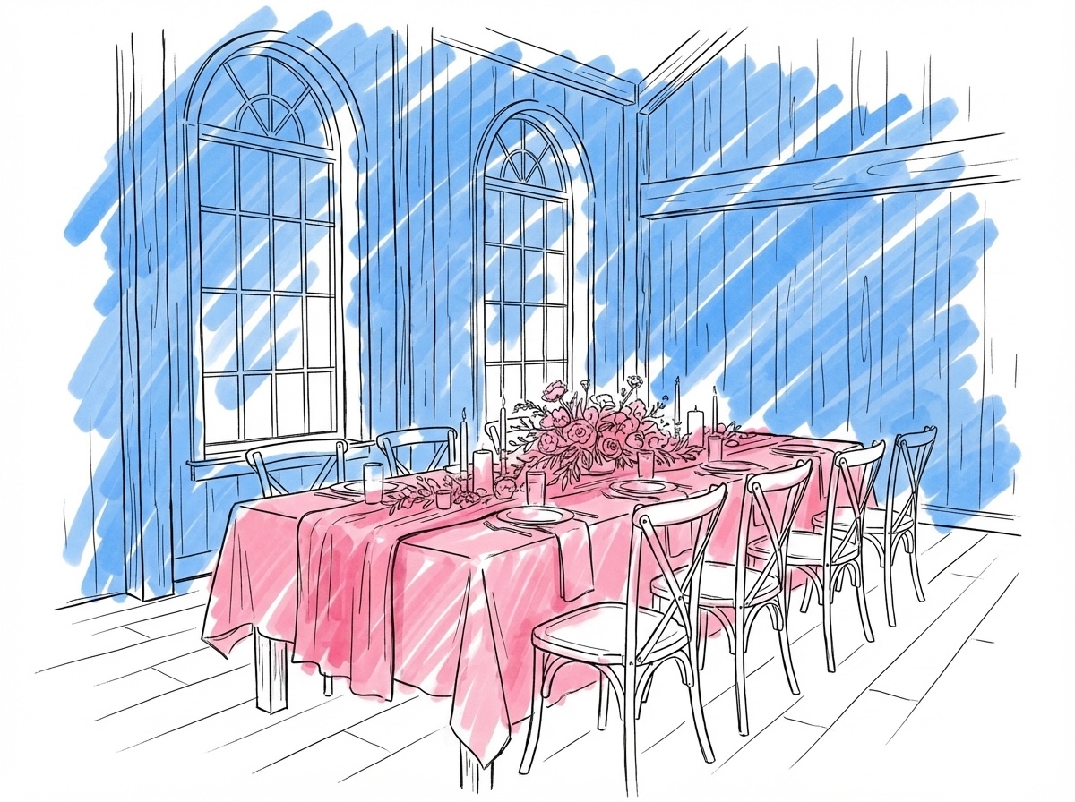 En interiörscen med träpaneler, höga fönster och ett dukat bord i förgrunden med blommor och linne, i Lovios rosa och blå illustrationsstil